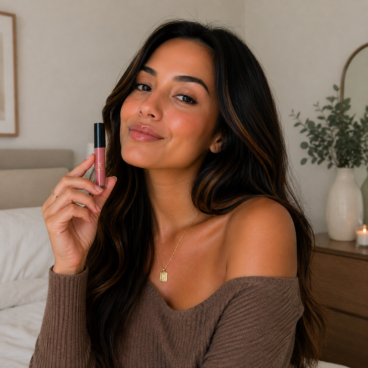 Woman holding a pink lip gloss in a bedroom setting